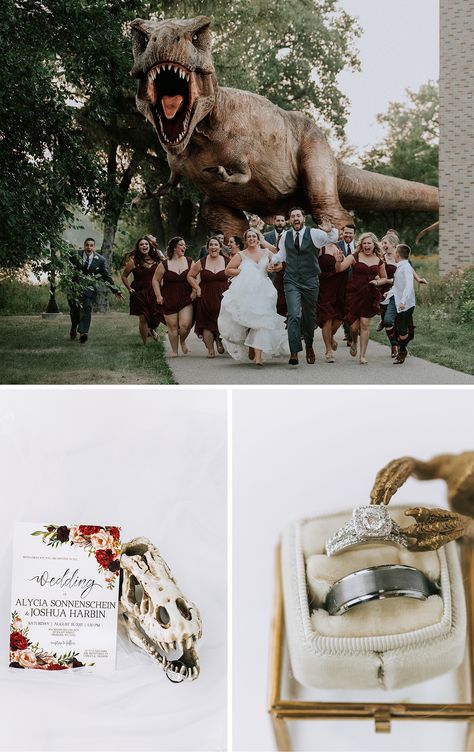 Dinosaur Wedding Photo, Dino Wedding Theme, Dinosaur Wedding Dress, Dinosaur Museum Wedding, Jurassic Park Wedding Theme, Dinosaur Themed Wedding, Yearning Aesthetic, Jurassic Park Wedding, Dinosaur Wedding Theme