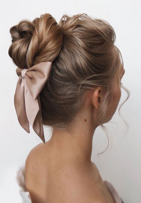 Updo Bow Hair, Hair Bun With Bow, Hair Up With Bow, Wedding Hair Bun High, European Hairstyles, Bun With Bow, Bridesmaid Hair Inspo, Holiday Party Hair, Wedding Bun Hairstyles