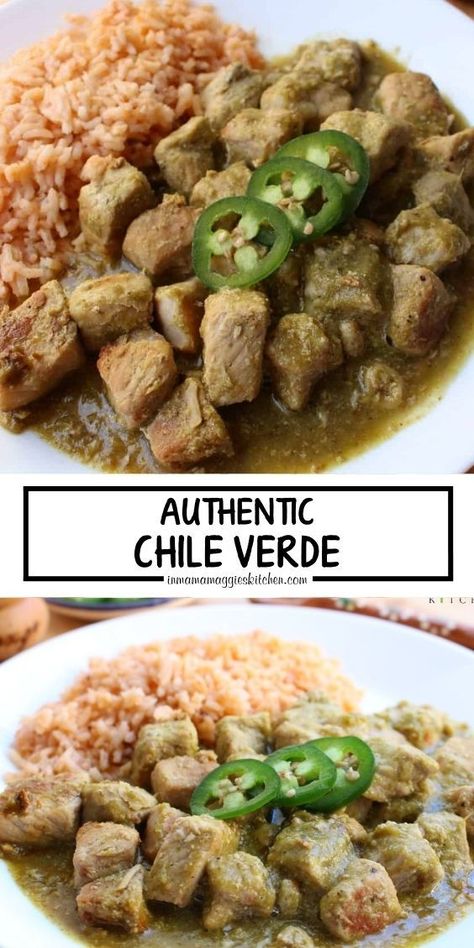 This Authentic Chile Verde Recipe is made from tender pork that is slowly cooked in a savory salsa verde sauce. So tasty and full of amazing Mexican flavors. Pork Chops In Green Chili Sauce, Chile Verde Pork Authentic, Salsa Verde Pork Tenderloin, Easy Chili Verde Recipe, Mexican Green Chili Pork, Salsa Verde Pork Tacos, Diced Pork Recipes Mexican, Pork In Green Chile Sauce, Pork In Green Sauce