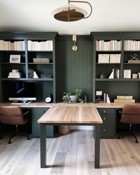 15 Best Home Office Paint Colors to Revamp Your Workspace Dark Green Paint Office, Study/craft Room Ideas, Dual Desks Home Office, Desk Paint Colors, Office Ideas Masculine, Zen Office Ideas Professional, Blue Green Office Paint, Resimercial Office Design, Moody Green Office Paint Colors