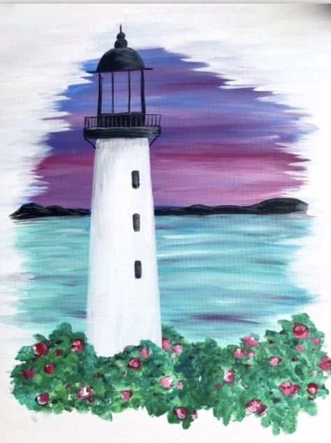 Sunset By The Sea, Lighthouse Sunset, Lighthouse Painting, Paint Nite, Canvas Painting Tutorials, Cute Canvas Paintings, Easy Canvas Art, Easy Canvas Painting, Makeup Eyes