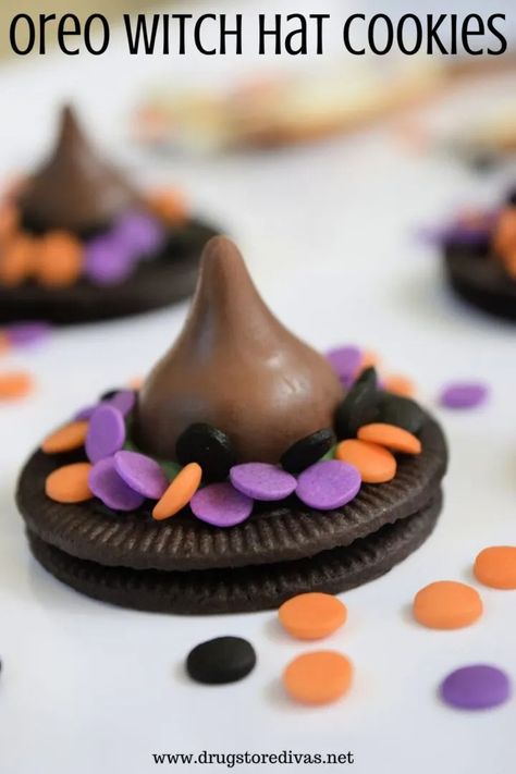 Oreo Witch Hat Cookies Recipe | Drugstore Divas Oreo Witch Hats, Witch Cookie, Witch Hat Cookies, Fudge Stripe Cookies, Oreo Thins, Hat Cookies, Halloween Sprinkles, Orange Candy, Halloween Treats Easy