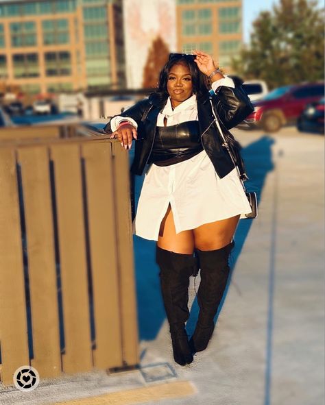 Curvy It girl a belly friendly attire. An oversized shirts a complementary jacket and thigh high boots will do the trick every time #curvyoutfit #cuvrygirl Follow my shop @Latoya.Lashae on the @shop.LTK app to shop this post and get my exclusive app-only content! #liketkit #LTKstyletip #LTKshoecrush #LTKplussize @shop.ltk https://liketk.it/4ogmn How To Wear Thigh High Boots Night Out, Over The Knee Boot Outfit Plus Size, Plus Size Thigh High Boots, Over The Knee Black Boots Outfit, Fall Concert Outfit Plus Size, Black Thigh High Boots Outfit Baddie, Plus Size Knee High Boots Outfits, Plus Size Thigh High Boots Outfit, Plus Size Boots Outfit