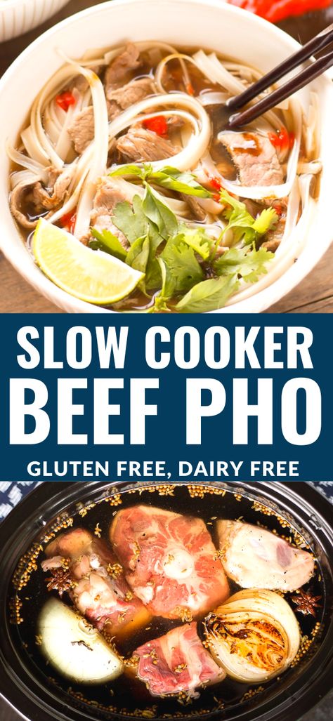 This easy Slow Cooker Beef Pho simmers away all day, creating a flavorful broth that you and your family can enjoy on a cold day! Pho Recipe Easy, Slow Cooker Pho, Pho Soup Recipe, Pho Beef, Pho Recipe, Slow Cooker Beef Stroganoff, Healthy Instant Pot Recipes, Healthy Slow Cooker, Broth Recipes