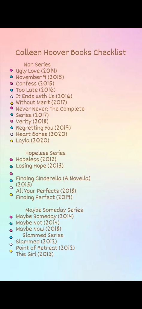 Checklist of Colleen Hoover's books Variety Colleen Hoover Book, Collen Hover Reading Order, Best Books Of Colleen Hoover, All Of Colleen Hoover Books, Coolen Hoover Books List, Colleen Hoover Books List Order, Colleen Hover Checklist, All Colleen Hoover Books List, Coho Books List