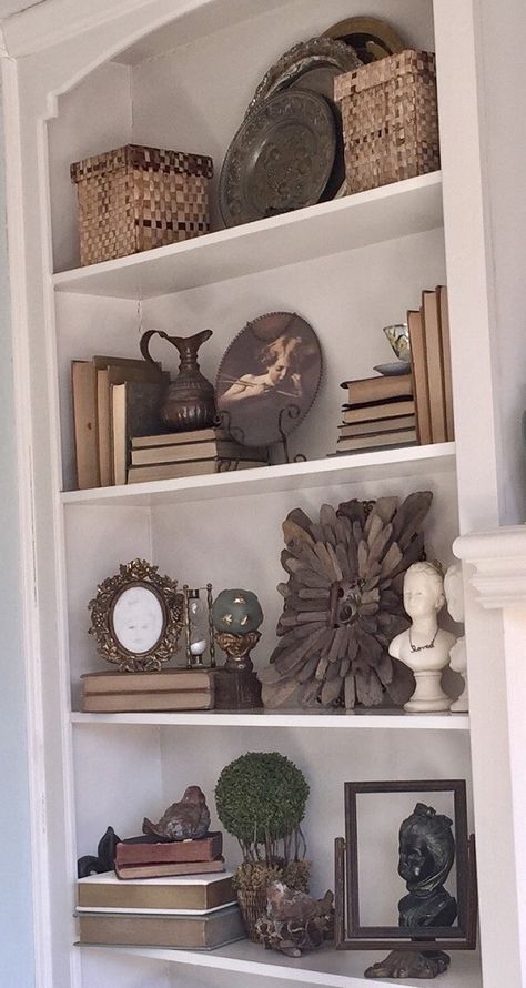 Styling Bookcases, French Bookcase, Styling A Bookcase, Vintage Book Decor, Styling Bookshelves, Bookshelves Decor, Style Bookcase, Kitchen Shelf Decor, Shelf Decor Living Room