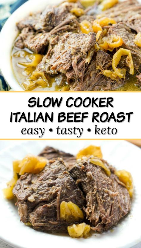 This keto Italian beef roast is a delicious dinner you can make in the slow cooker. Using banana peppers and spices give the shredded beef lots of flavor and it's super easy to make. Each serving only has 3.3g net carbs. Keto Slow Cooker Beef, Hot Banana Peppers, Italian Pot Roast, Keto Slow Cooker, Keto Italian, Slow Cooker Roast Beef, Beef Pot Roast, Banana Peppers, Keto Beef Recipes