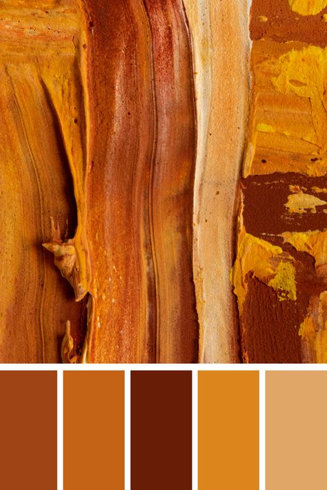 A detailed abstract painting with streaks of warm oranges, reds, and browns, evoking the rich, textured layers of an autumn landscape. Amber Color Combinations, Orange Pallet, Amber Eyes Color, Autumn Colour Palette, Color Scheme Generator, Earth Colour Palette, Colour Pallettes, Elephant House, Tone Color Palette