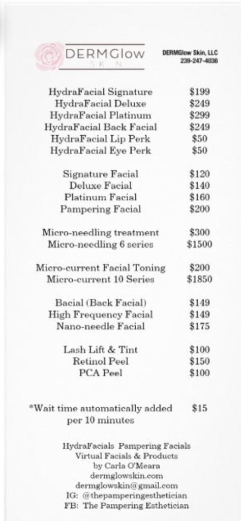 Esthetics Service List, Aesthetician Room Decor Luxury, Esthetician Price List Ideas, Medical Spa Services, Esthetician Mission Statement Examples, Beauty Services List, Esthetician Price List Template, Esthetician Facial Price List, Med Spa Services