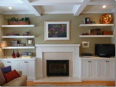 shelves and built ins on either side of the fireplace Flush Fireplace Wall Built Ins, Built Ins Around Flat Fireplace, Wall Shelves Fireplace, Flat Fireplace With Built Ins, Fireplace Mantle Shelves, Floating Shelves Fireplace Wall, Fireplace Flush With Wall Shelves, Open Shelves Bookcase, Flush Fireplace With Built Ins