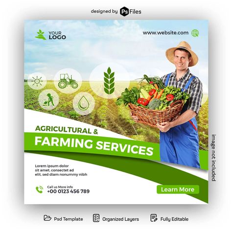 Free Agricultural and Farming Business Social Media Post Design PSD Template - PsFiles Agriculture Ads Design, Green Social Media Template, Farm Banner Design, Agriculture Design Poster, Agriculture Design Graphics, Farm Social Media Post, Farm Social Media Design, Agriculture Social Media Design, Farm Poster Design