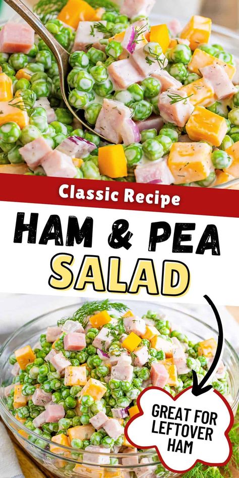 Ham and Pea Salad Ham And Pea Salad, Salad With Cheddar Cheese, Pea Salads, Classic Pea Salad, Cold Pea Salad, Savory Ham, Pea Salad Recipes, Creamy Peas, Cold Pasta Salad Recipes