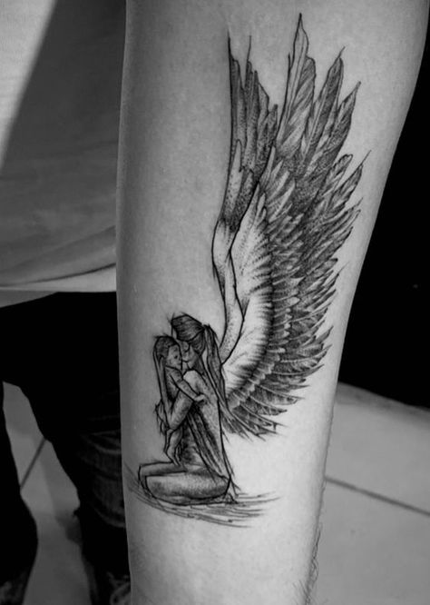 Mother Angel Tattoo, Angel Tattoo Designs For Women Beautiful, Beautiful Angel Tattoos For Women, The Fallen Angel Tattoo, Falling Angel Tattoo, Momma Tattoo, Side Back Tattoos, Mens Side Tattoos, Women's Back Tattoos