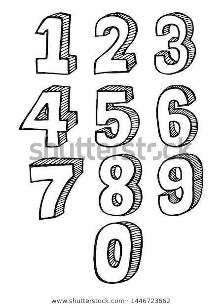 Doodle Art Numbers, How To Draw Numbers, 3d Numbers Drawing, Number Lettering Fonts, Number Drawing Design, Bullet Journal Numbers, Fonts For Numbers, Cool Number Fonts, Journal Numbers