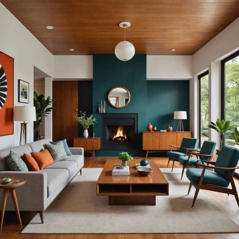 Board And Batten Wall Mid Century Modern, Coloured Living Room Ideas, Mid Century Modern Wall Colors Living Rooms, American Mid Century Interiors, Madmen Living Room, Midcentury Modern Color Palette Living Room, Teal Mid Century Modern Living Room, Mid Modern Interior Design, Mid Century Modern Jewel Tones