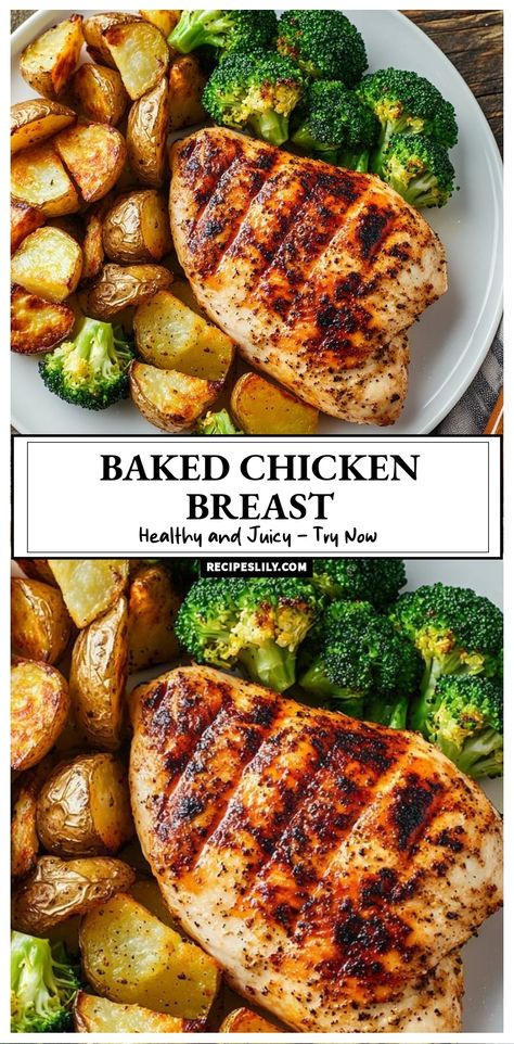 I can't get enough of this baked chicken breast recipe! It's not only healthy but also incredibly juicy and flavorful. Served with crispy roasted potatoes and vibrant broccoli, this dish is perfect for a weeknight dinner. Give it a try and enjoy a wholesome meal that doesn’t compromise on taste! Baked Chicken And Broccoli Recipes Healthy, Best Chicken Meal Prep Recipes, Roasted Chicken Breast Recipes Healthy, Baked Chicken Dinner Ideas Healthy, Baked Chicken And Broccoli Recipes Oven, Chicken Breast With Potatoes Recipes, Chicken Breast And Potatoes Recipes Oven, Healthy Meals With Chicken Breast, Chicken Breast Recipes Healthy Clean Eating