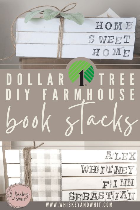 How to make farmhouse book decor from Dollar Tree supplies | DIY Book Stacks - Whiskey & Whit Diy Book Stacks, Crafts From Books, Diy Adult Crafts, Books And Crafts, Mini Books Diy, Affordable Farmhouse, Waverly Chalk Paint, Book Centerpieces, Dollar Tree Diys