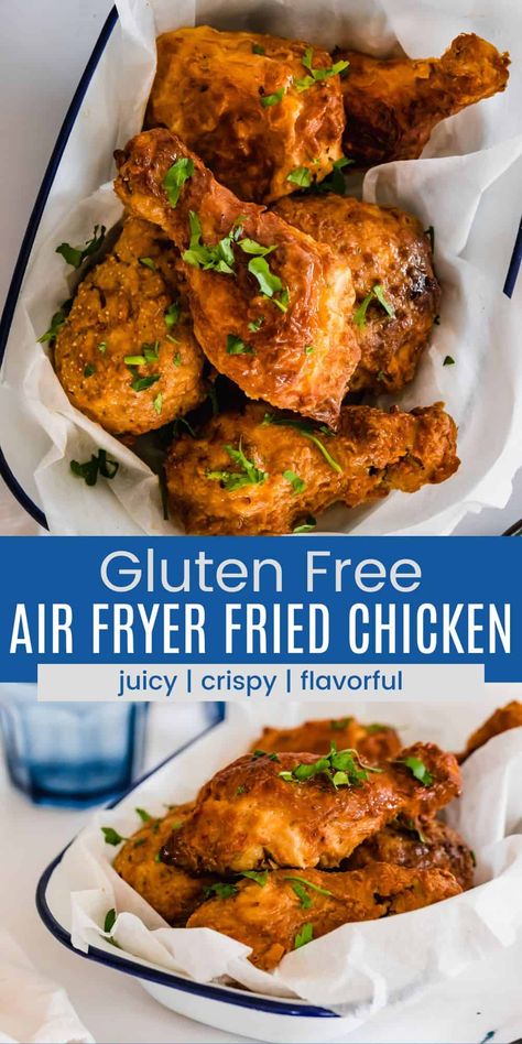 Fried chicken tastes better than ever with this easy Gluten Free Air Fryer Fried Chicken recipe! Chicken breasts, legs, and thighs are coated in a flavorful crust and air fried to crispy perfection. Gluten Free Chicken Wings Air Fryer, Air Fryer Gluten Free Chicken Tenders, Gluten Free Fried Chicken Air Fryer, Gluten Free Pan Fried Chicken, Gluten Free Chicken Fingers Air Fryer, Gluten Free Fried Chicken, Fried Chicken Legs, Gluten Free Chicken Recipes, Air Fryer Fried Chicken