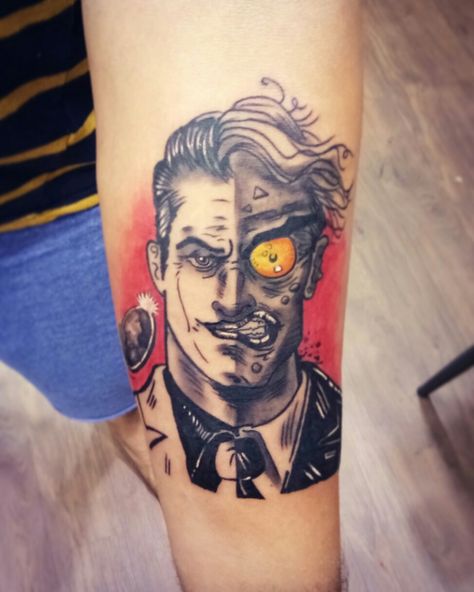 Two Face Batman Tattoo, Twoface Tattoo, Face Portrait Tattoo, Batman Joker Tattoo, Two Face Tattoo, Batman Sleeve, Two Face Batman, Batman Tattoo, Joker Tattoo