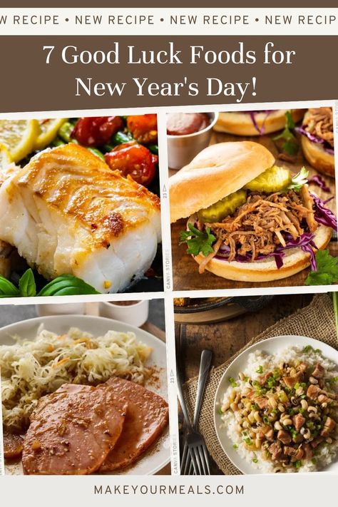 Several foods that are considered traditional New Year's Day good luck meals including fish, pork, sauerkraut, and black eyed peas. From makeyourmeals.com. Ideas For Dinner Healthy, Food Easy Healthy, Healthy Food Snacks, Healthy Food Easy, Food Ideas For Dinner, Easy Healthy Food, Healthy Food Prep, Healthy Food Diet, New Years Day Meal