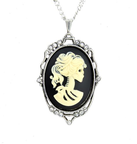 - Skeleton Cameo Necklace - Very Detailed w/ Swarovski Crystals - Antique Silver… Lady Skeleton, Pirate Necklace, Sugar Skull Necklace, Skull Pirate, Sugar Skull Jewelry, Skeleton Necklace, Earrings Goth, Steampunk Pirate, Goth Baby