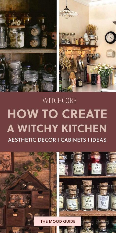 A step by step guide to create a witchy kitchen: How to storage herbs, types of utensils a witch uses and witchcore decor ideas for every type of witch, from modern to rusti witches. Wiccan Kitchen Decor, Hanging Dried Herbs Kitchen, Witchy Shelf Decor, Witchy Kitchen Paint Colors, Witches Kitchen Decor, Witchy Spice Rack, Witchy Kitchen Backsplash, Witchy Kitchen Ideas Cottage, Witchy Thrift Store Finds