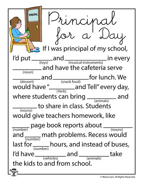 Principal for a Day Mad Lib Worksheet Principal’s Month Ideas, Elementary End Of Year Activities, Bosses Day Principal, Teacher Mad Libs, Back To School Mad Libs, Principal For The Day Ideas, Principal For A Day Ideas, Principals Day Ideas Elementary Schools, Holiday Mad Libs For Kids