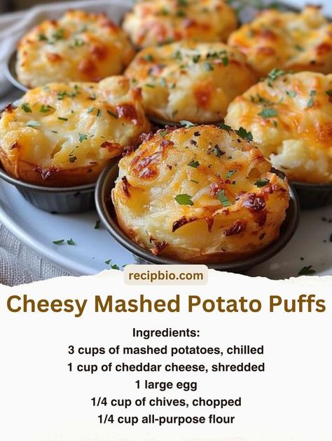 Easy Skinny Recipes Mashed Potatoes Puffs Recipe, Recipes For Leftover Mashed Potatoes, Potato Puffs Recipe, Chill Recipes, Mashed Potato Puffs, Potato Puffs, Cheesy Mashed Potatoes, Potato Recipes Side Dishes, Potato Side Dishes