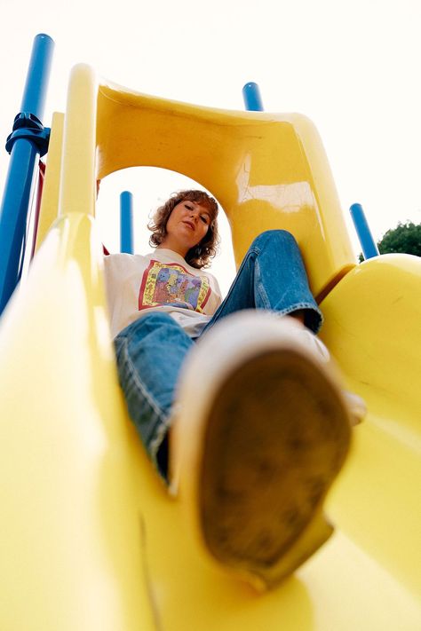 Playground Portrait Photography, Creative Photoshoot Outdoor, Playground Aesthetic Photoshoot, Playful Portrait Photography, Wacky Photoshoot, Aesthetic Playground Pictures, Playful Photoshoot Ideas, Playground Senior Pictures, Weird Senior Pictures