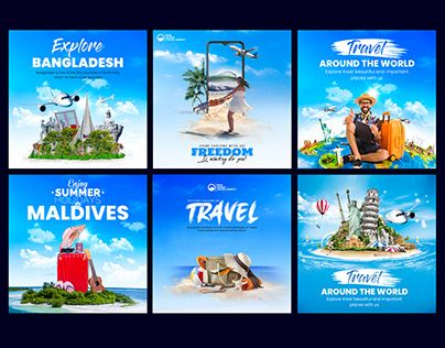 Beach Social Media Design, Travel Agency Social Media Design, Travel Social Media Posts Design, Travelling Social Media Design, Travel Agency Flyer Design, Travel Agency Social Media, Travel Social Media Post, Travel Agency Services Poster, Travel Promotion