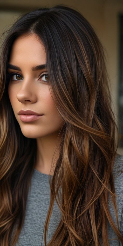 Baylage On Dark Brown Hair, Dark Brunette Balayage Hair Caramel Ombre Chocolate Brown, Dark Brown Babylights, Balayage For Dark Brown Hair Straight, Brunette Hair With Lowlights, Dark Brown Hair Highlights, Lowlights For Brunettes, Balayage For Brunettes, Dark Brunette Balayage Hair