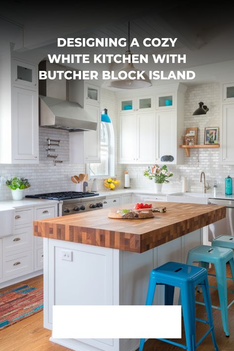 Cozy white kitchen featuring a wooden butcher block island with stools. Kitchen Inspo Butcher Block, White Kitchen With Butcher Block, White Kitchen With Butcher Block Island, Kitchens With Butcher Block, Cozy White Kitchen, Dream White Kitchen, Kitchen With Butcher Block Island, Kitchen With Butcher Block, Butcher Block Islands