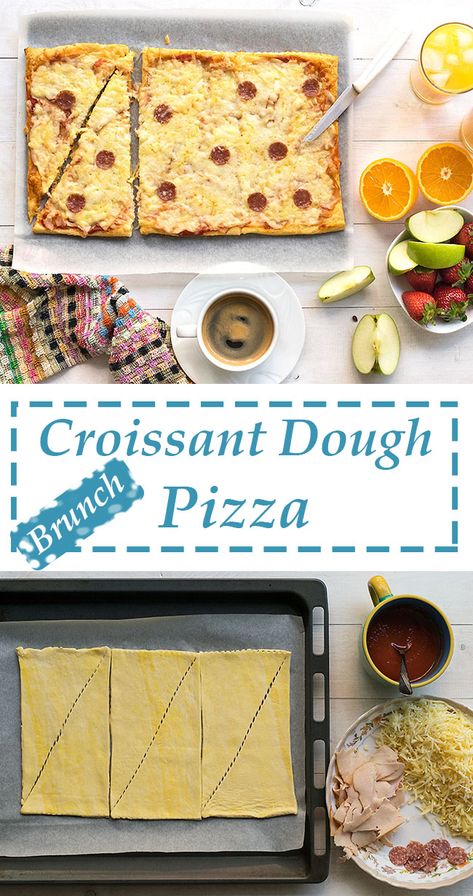 Croissant dough pizza (crizza?) Pizza With Croissant Dough, Croissant Crust Pizza, Croissant Pizza Crust, Sheet Pan Food, Pizza Pie Crust, Croissant Pizza, Quick Pizza Recipes, Pie Crust Pizza, Brunch Pizza