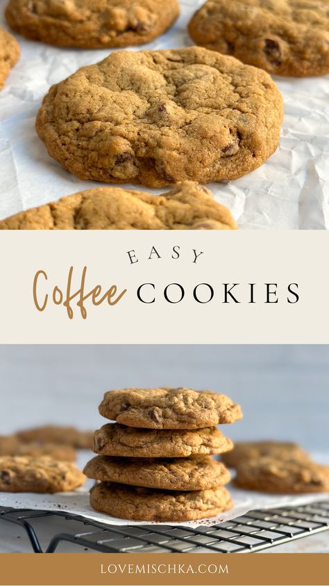 On top, a close up of a golden brown, soft coffee cookie with chocolate chips inside and a crispy outside. On the bottom, underneath "easy coffee cookies" is a stack of golden brown coffee cookies with chocolate chips on a sheet of parchment paper on a black wire rack with several other coffee cookies behind it. Cappuccino Cookies Recipe, Coffee Ground Cookies, Cookies With Instant Coffee, Easy Coffee Cookie Recipes, Coffee Oatmeal Cookies, Healthy Coffee Cookies, Instant Coffee Cookies, Leftover Coffee Recipes, Recipes Using Instant Coffee