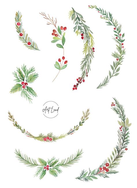 Christmas Branch Clipart Watercolor Winter Clipart Holiday | Etsy Christmas Garland Drawing, Christmas Branches, Christmas Leaves, Winter Greenery, Watercolor Winter, Watercolor Clip Art, Winter Clipart, Christmas Doodles, Holiday Clipart