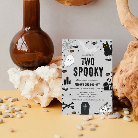 Two Spooky Ghost Halloween 2nd Birthday party Invitation Spooky 2nd Birthday, Halloween 2nd Birthday Party, Halloween Invitations Kids, Candy Candles, Ghost Birthday, Two Spooky, Twins Birthday Party, Cat Spider, Halloween First Birthday