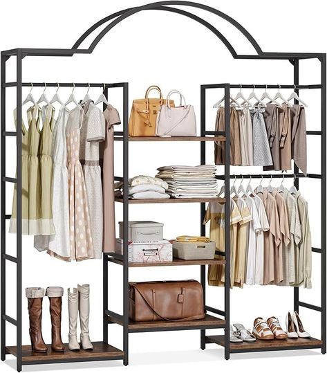 Amazon.com: DWVO Heavy Duty Clothes Rack with Storage Shelves, Closet Organizer System for Hanging Clothes, 4-Tier Garment Rack Wardrobe with 3 Hanging Rods and 6 Shelves, Black : Home & Kitchen Stand Up Closet, Office And Closet Combo Room, Storage Shelves Closet, Spare Room Walk In Closet, Boutique Clothing Rack, Shelves Closet, Rack Wardrobe, Closet Storage Systems, Closet Rack