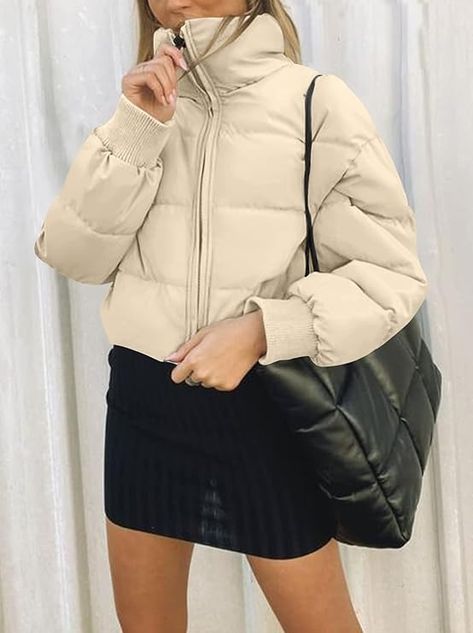 Amazon.com: MEROKEETY Women's Winter Cropped Puffer Jacket Long Sleeve Oversized Stand Collar Zip-Up Short Down Coat : Clothing, Shoes & Jewelry White Puffer, Festival Jacket, Cropped Puffer Jacket, Layered Long Sleeve, Jacket Long, Down Coat, Crop Jacket, Puffer Coat, Winter Women