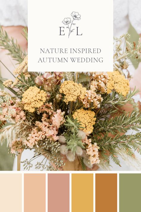 Autumn wedding colour scheme with golden yellows, copper, blush and greens. Muted Autumn colour inspiration Colours taken from natures organic colour palette. Photo credit: Sarah Hoyle Muted Autumn Color Palette Wedding, Muted Autumn Wedding, Butterscotch Wedding Colors, Marigold Wedding Color Palette, Woods Wedding Colors, Blush Autumn Wedding, Wedding Color Schemes Terracotta, Autumn Colour Palette Wedding, Early Fall Color Palette