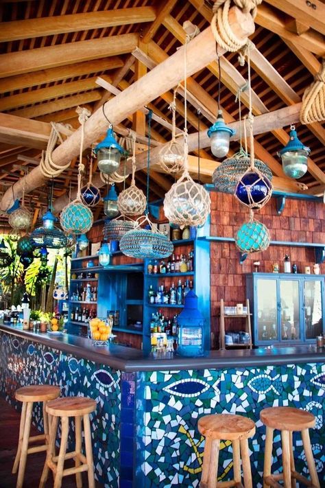 Beach Tiki Bar Aesthetic, Small Beach Restaurant Design, Beach Bars Ideas, Beach Bar Design Ideas Interiors, Caribbean Bar Design, Boho Bar Ideas, Beach Theme Bar Ideas, Beach House Bar Ideas, Beach Restaurants Design