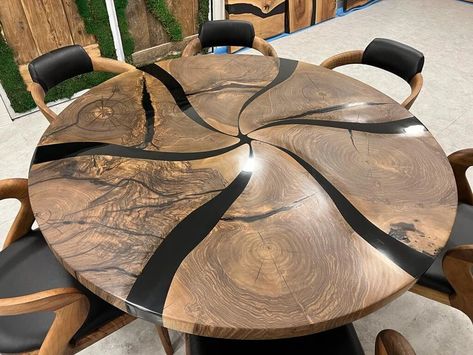 Custom Made Walnut Wood Black Epoxy Round Dining Table - Etsy Round Dining Table Dining Room, Solid Oak Table, Eating Table, Round Dining Table Modern, Wood Table Design, Oval Table, Kitchen Dining Tables, Live Edge Table, Resin Table