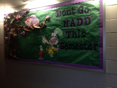 early semester/fall theme #bulletinboard #ra Alice In Wonderland Door Decorations Classroom, Alice In Wonderland Bulletin Board Ideas, Alice In Wonderland Ra Board, Alice In Wonderland Bulletin Board, Alice In Wonderland Classroom Theme, Alice In Wonderland Classroom, Disney Door Decs, Disney Bulletin Boards, Wonderland Classroom