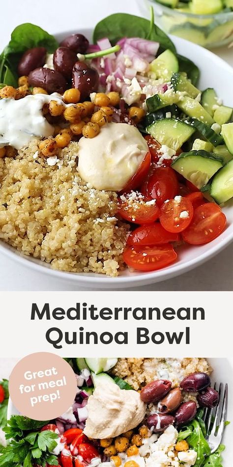 Mediterranean Quinoa Bowl, Mediterranean Recipes Healthy, Mediterranean Quinoa, Mediterranean Diet Recipes Dinners, Healthy Bowls Recipes, Mediterranean Diet Meal Plan, Easy Mediterranean Diet Recipes, Healthy Bowls, Quinoa Bowl