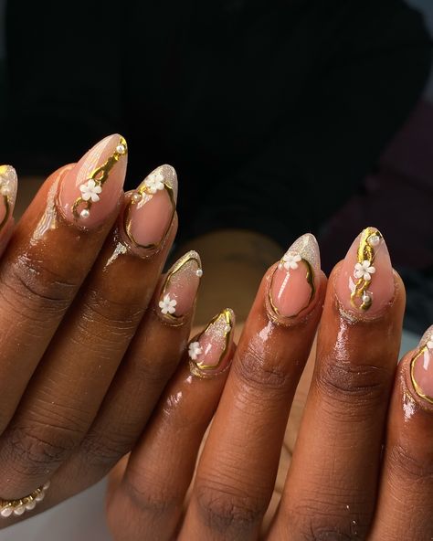 Cat eye frenchies with gold detailing ✨ #nails #cateyenails #goldnails #nailsnailsnails #nails #nailart #nailgirlsnetwork #nailsofinstagram #instagram #viralvideos #london #londonnails #londonnailtech #eastlondon #eastlondonnails #eastlondonnailtech #fypシ #girly #girlythings Metallic Gold French Tip Nails, Long Gold Chrome Nails, Nails Gold Charms, Gold Nail Charms, Gold Maximalist Nails, London Nails, Cat Eye Nails, Gold Nails, Gold Details