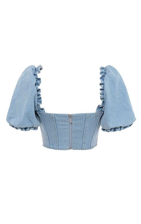 Jean Diy, Puff Sleeve Crop Top, Crop Top Outfits, Diy Sewing Clothes, Kpop Fashion Outfits, Fashion Design Clothes, Light Blue Denim, Girls Fashion Clothes, Stage Outfits