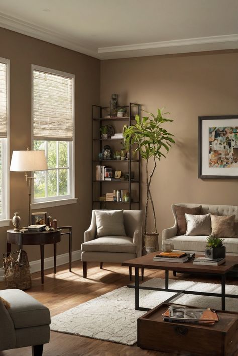 Explore the daily routine of an interior designer, revealing the beauty of Ashen Tan color scheme with its earthy warmth. Dive into the world of Subdued Tan for a cozy and inviting space in 2024. #Ad #homedecor #homedesign #trendgirlApartment #Painthome #interiorarchitecture Wall Colors Green Room Colors Bright Room office Colors Apartment Renovation Home office Remodeling Modern Paint Colors 2024 Wall Color Ideas Brown, Tan Home Interior, Brown Paint For Living Room, Brown Walls Office, Brown Room Paint, Green And Tan Walls, Brown Wall Living Room, Tan Interior Design, Brown Wall Paint