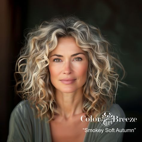 The Smokey Soft Autumn Season | Pretty Your World Smokey Soft Autumn, Natural Curly Hair Cuts, Medium Length Curly Hair, Grey Curly Hair, Highlights Curly Hair, Haircuts For Medium Length Hair, Timeless Looks, Haircuts For Women Over 50, Gorgeous Hairstyles