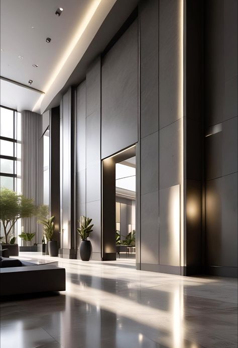 Create a realistic image in front of a large and wide entrance wall of a lobby in a residential building, the design should be modern in shades of light gray and dark gray, lighting and a large mirror#ai#design# Residential Building Entrance Lobby, Residential Lobby Design, Building Entrance Lobby, Residential Lobby, Building Lobby, Entrance Wall, Blue Living Room Decor, Entrance Lobby, Building Entrance