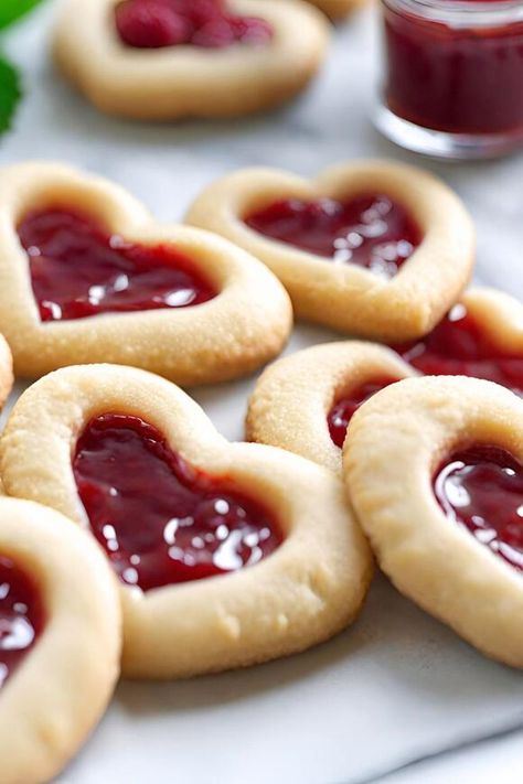 Heart Shaped Thumbprint Cookies, Heart Thumbprint Cookies, Heart Jam Cookies, Heart Thumbprint, Cookies With Raspberry Jam, Crispy Crab Cakes, Stuffed Shells With Meat, Apple Scones, Earthquake Cake