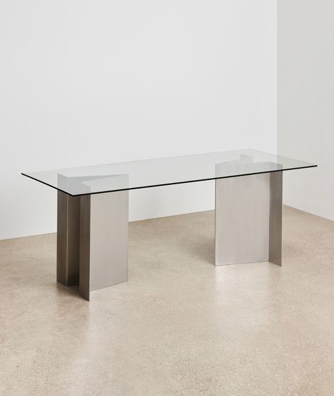 A Minimal Furniture Collection, Following in the Footsteps of Judd - Sight Unseen Porcelain Lampshade, Custom Table Top, Steel Sheets, Minimal Furniture, Sight Unseen, New York Art, Glass Top Table, Grey Glass, Table Seating